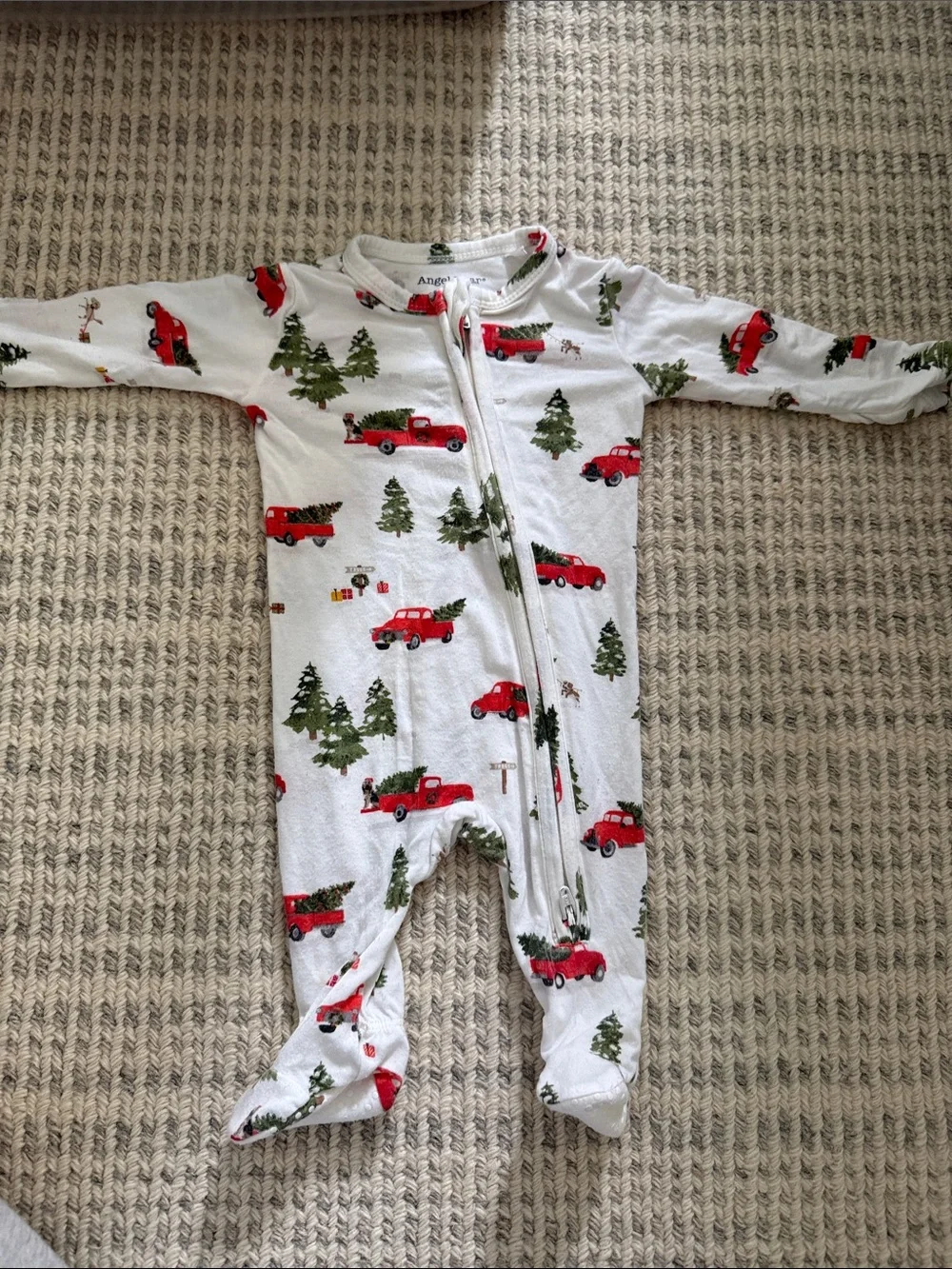Angel Dear Newborn White Footed One-Piece with Red Truck and Green Tree Print